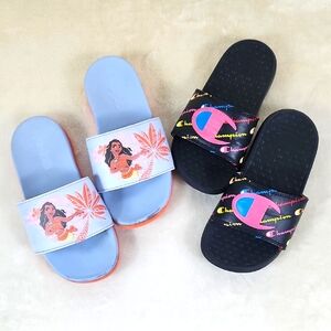 2 Piece Girls Size 13 Moana Adidas & Black Champion Slides Bundle